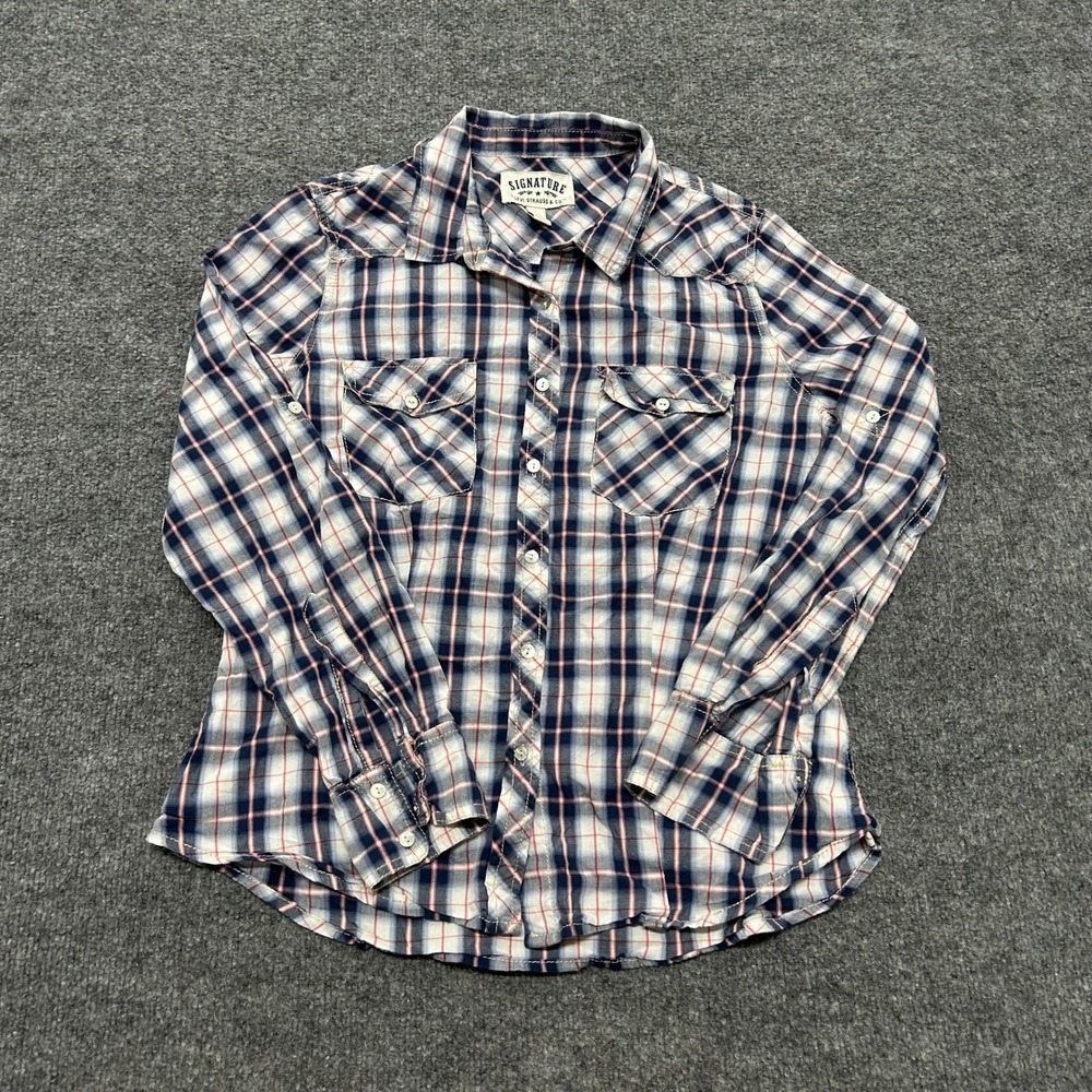 Signature Levi Strauss Shirt Womens Size L Navy Blue Plaid Button Down Roll Tab